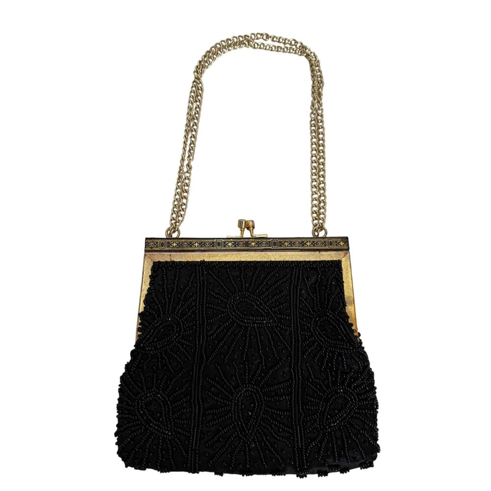 1980s Handmade Hong Kong Black Beaded Evening Clutch Gold Frame Chain Strap